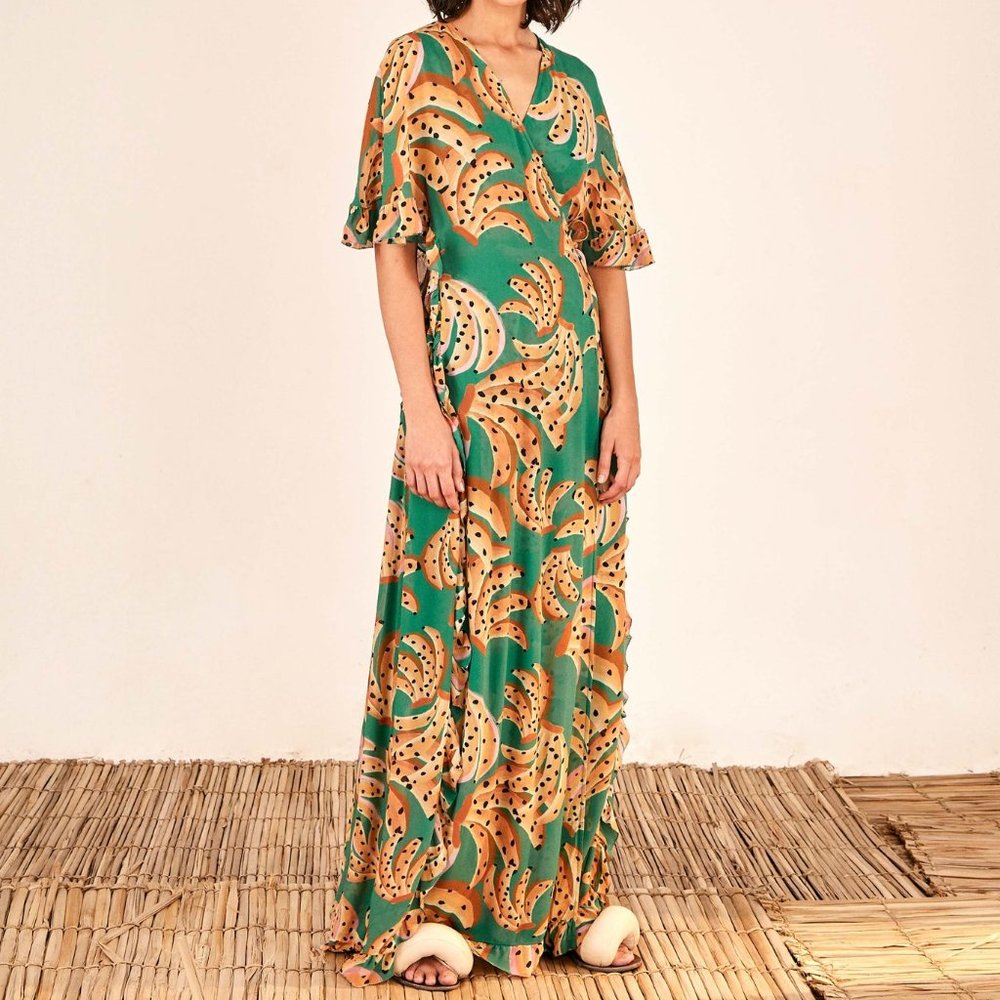 FARM RIO Green Raining Bananas Maxi Wrap Dress — NWOT - SMALL